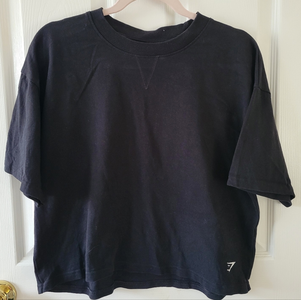 Gymshark Black Oversized Cropped Crewneck Tee with Logo Tag